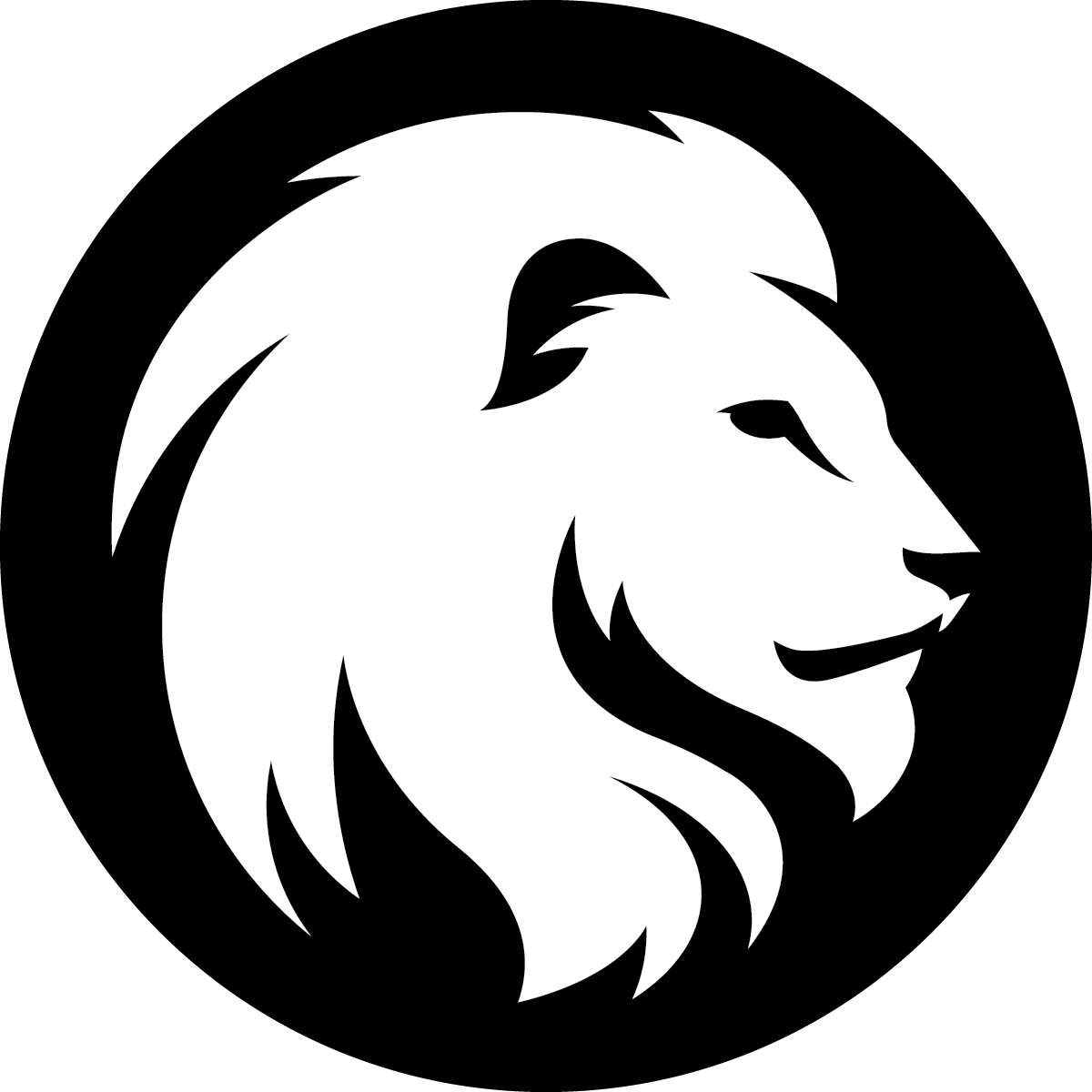 Black and white lion head logo.