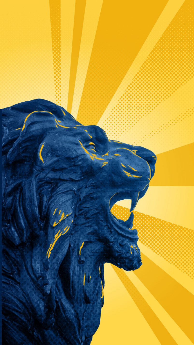 Blue and yellow lion statue roaring on a yellow sunburst background.
