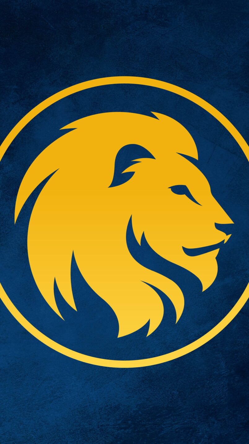 Gold lion inside gold circle on blue background