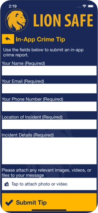 Screenshot of the crime tip page in the Lion Safe app.  