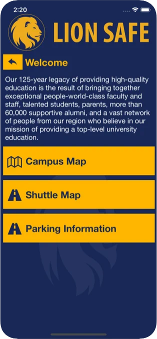 Screenshot of the welcome page in the Lion Safe app which includes various maps and parking information.  