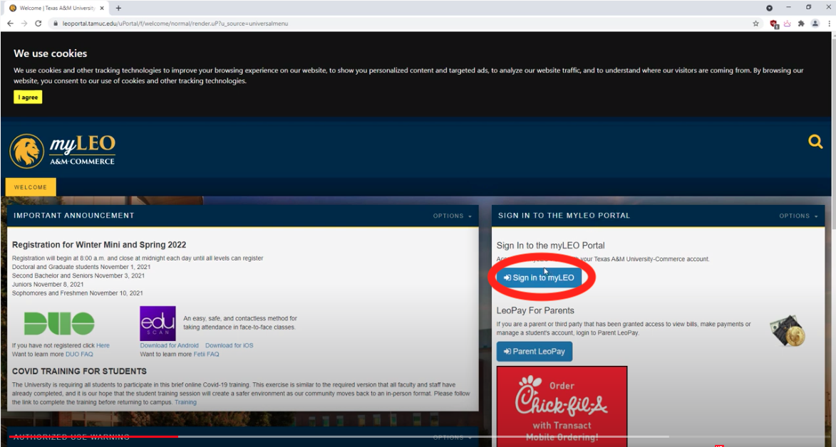 The website layout for myLeo portal located at this web address: leoportal.tamuc.edu - The image indicates (with a red circle) a button to the right which reads - sign in to myLeo - to login