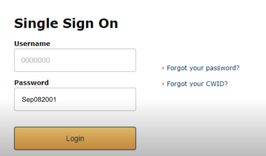 This is the single sign on user interface. The username and password fields are displayed. Also displayed is a yellow button which reads - login.