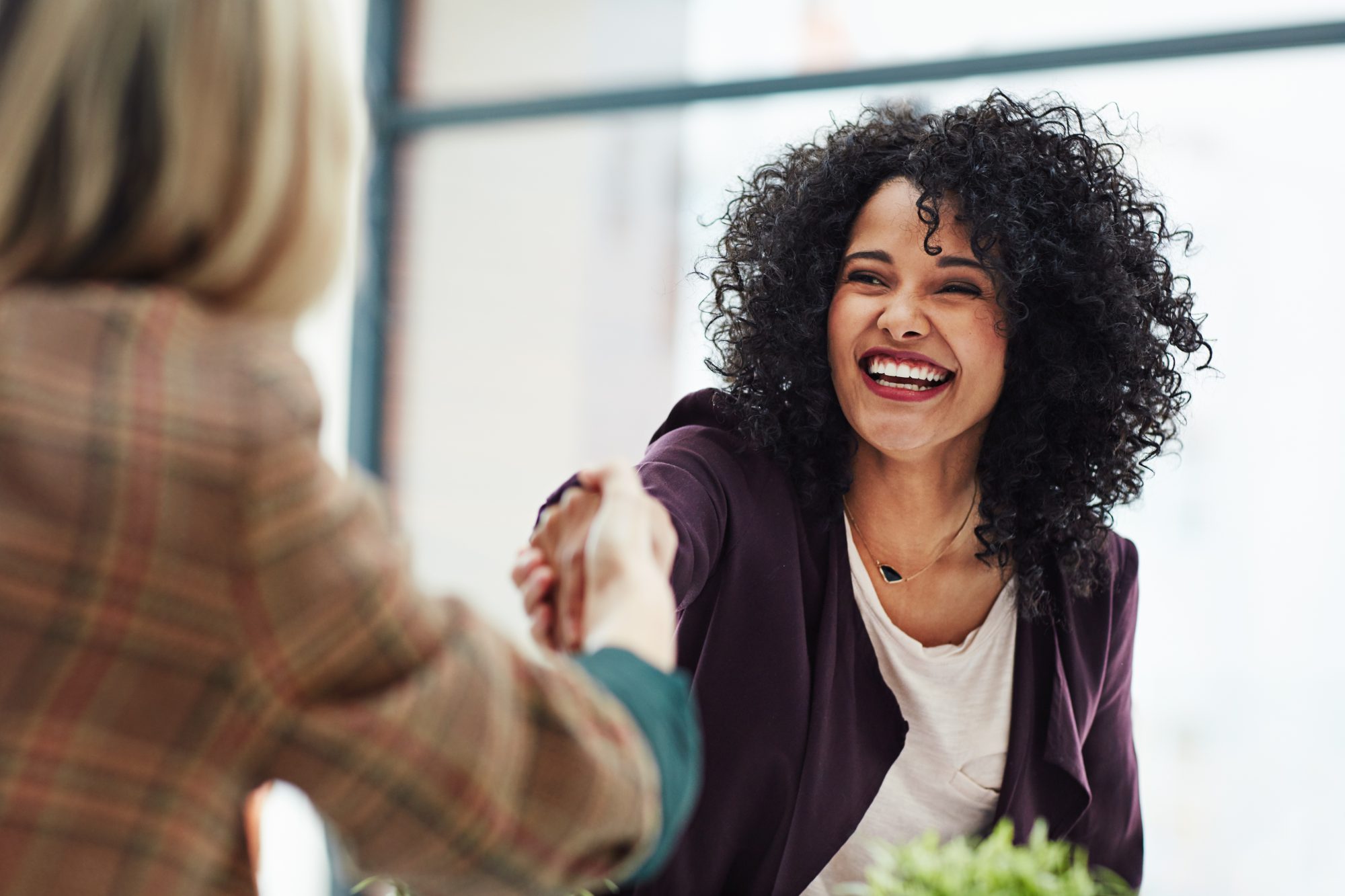 Handshake with a happy, confident and excited business woman