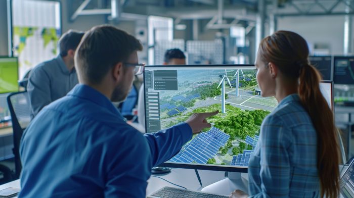 Team of engineers and architects brainstorming the integration of renewable energy into new building projects