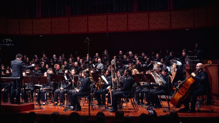 A music ensemble being led by a conductor during a concert.