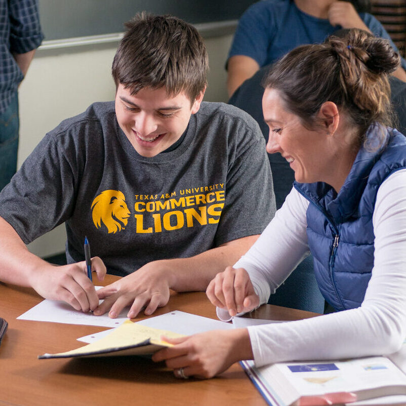 Two students work together at a table in a classroom. A student in the background is at the blackboard.
