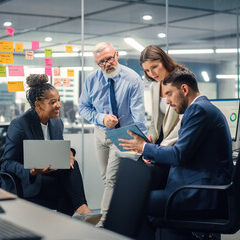 In Modern Office: Diverse Team of Managers Use Laptop and Tablet Computers at a Company Meeting Discussing Business Projects. Young, Motivated and Experienced Employees Brainstorm in Conference Room.