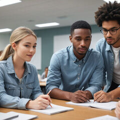 A diverse group of students collaborating on a project in a modern classroom (Education).