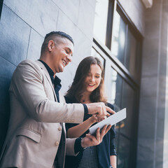 professional business partner meeting for work with certification approval concept, logistics and warehouse in banner background