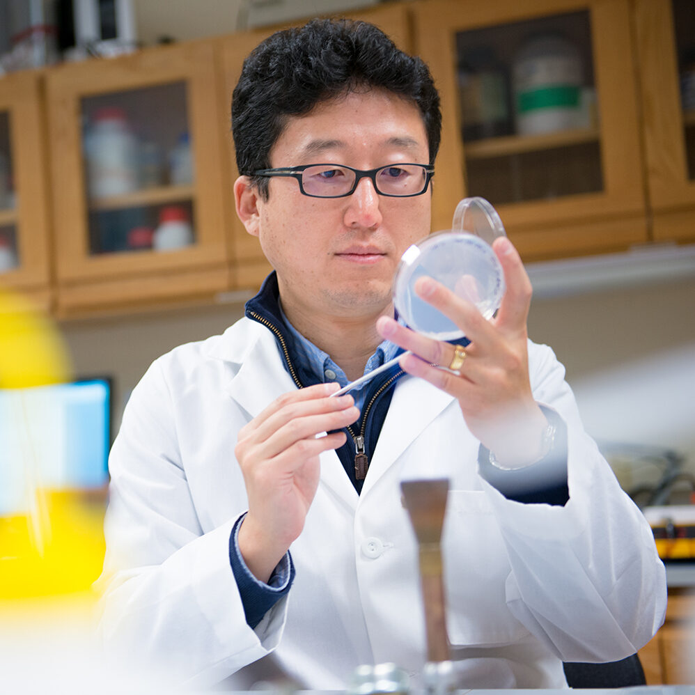 Man taking sample from dish.