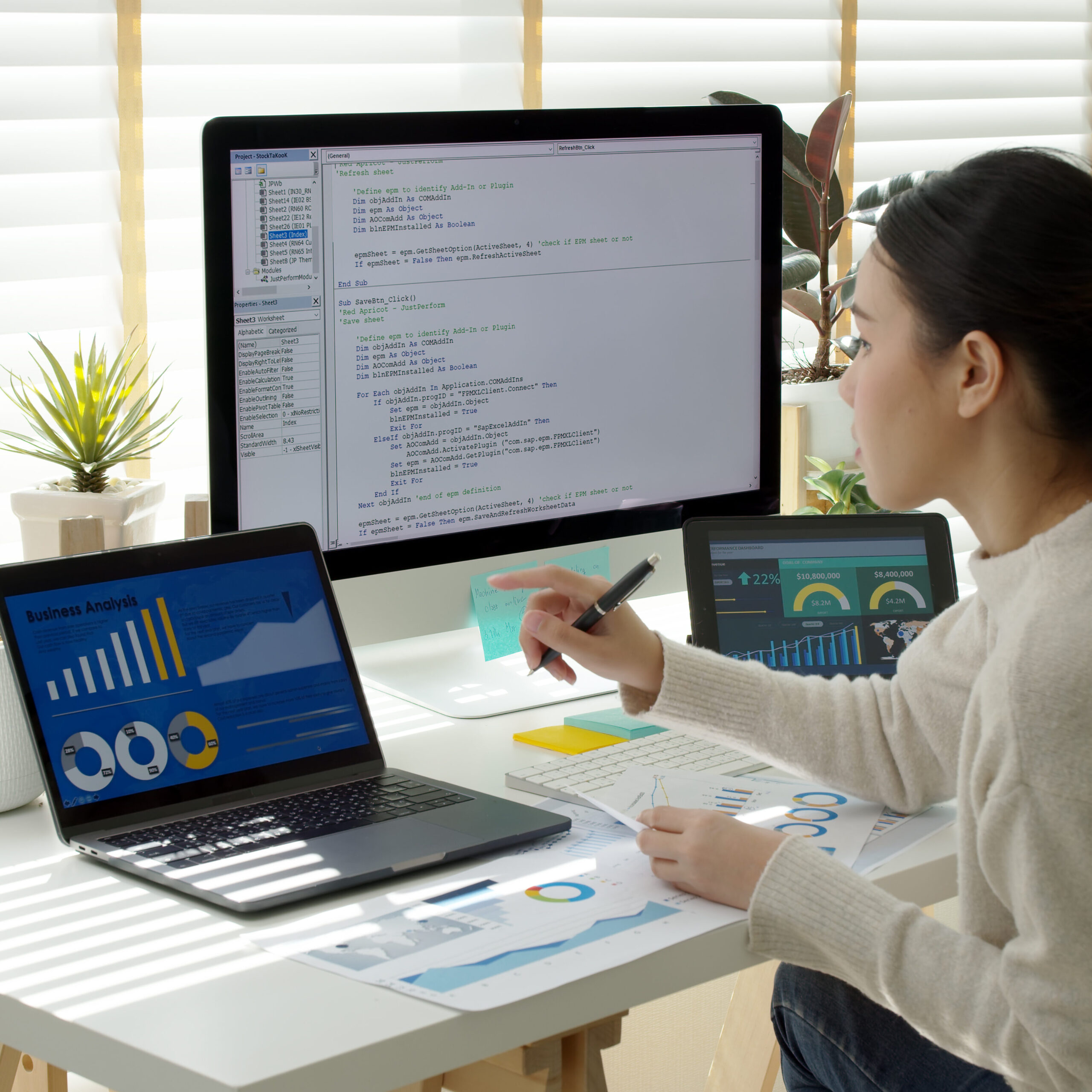 Asia young business woman sit busy at home office desk work code on desktop PC reskill upskill for job career remote self test IT deep tech ai design skill online html text for cyber security.