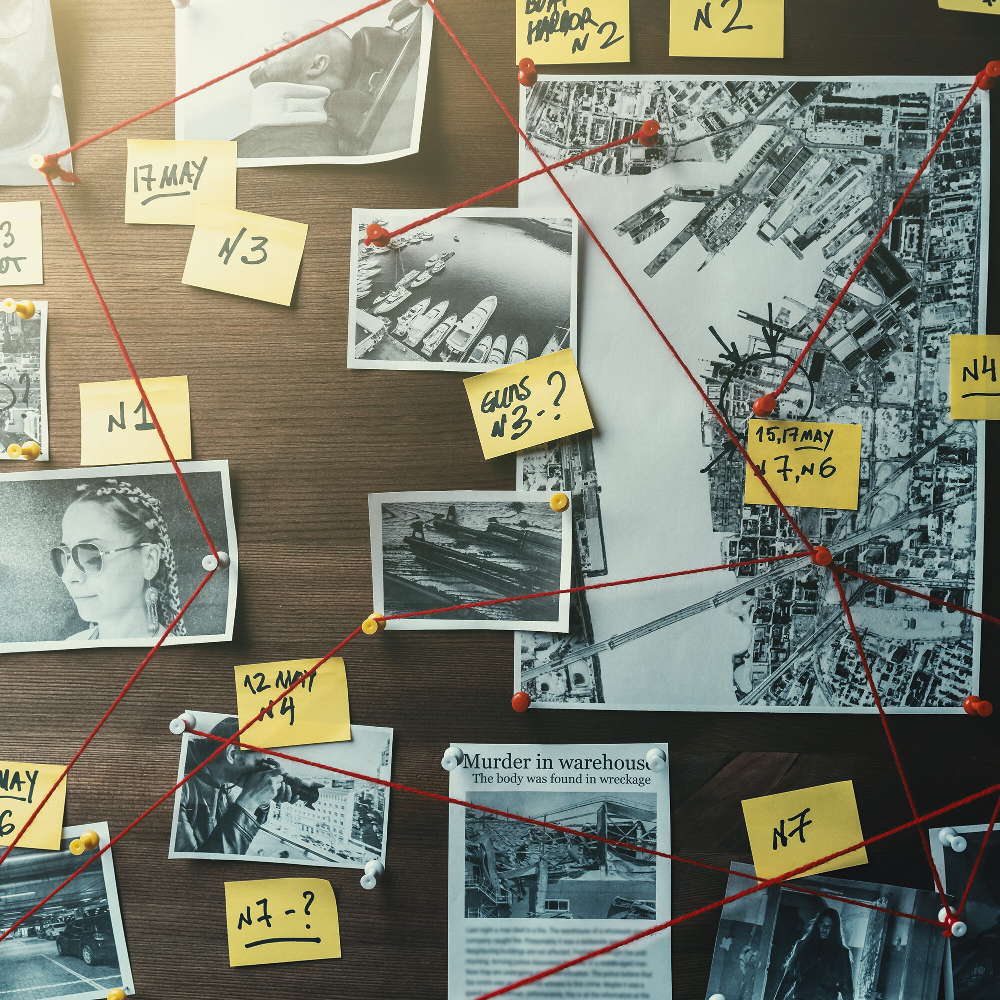 Detective board with photos of suspected criminals, crime scenes and evidence with red threads, retro toned