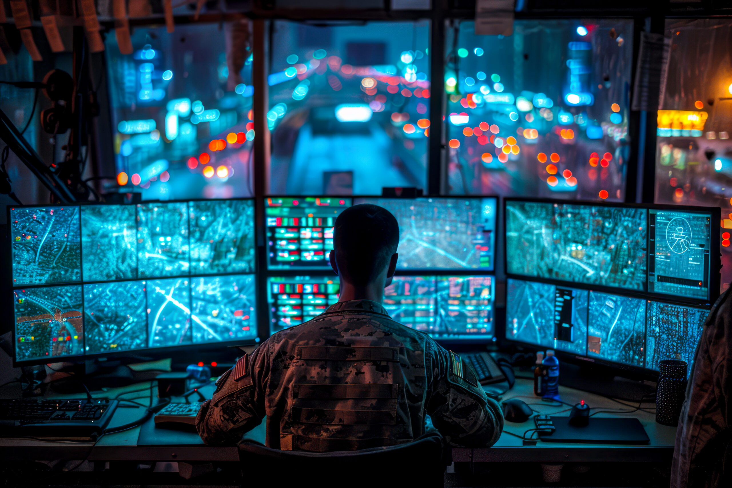A man in camo gear sits in front of multiple computer screens displaying traffic cameras and satellite maps.
