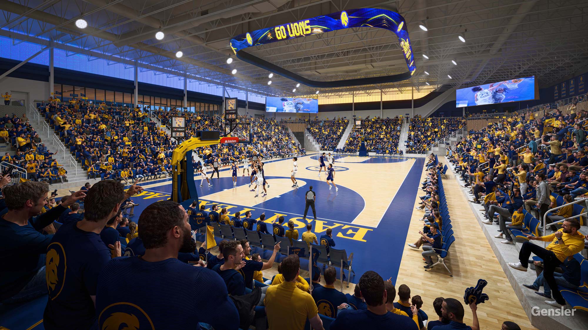 Virtual image shows the inside of a basketball arena with bleacher seating on four sides. Fans wear blue and gold, and court says "East Texas A&M."