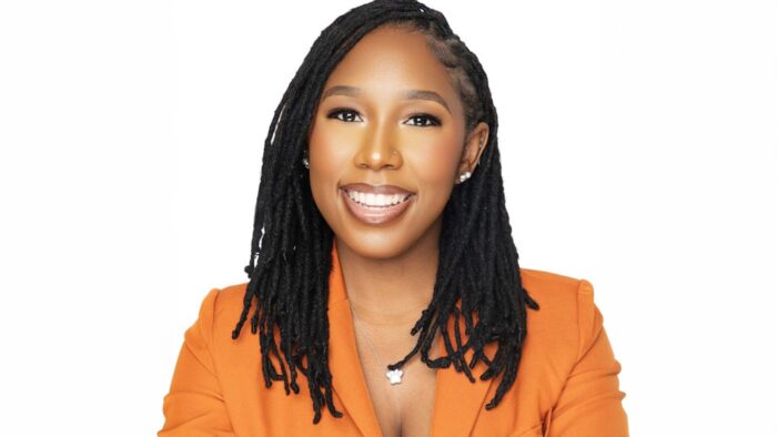A woman smiling
