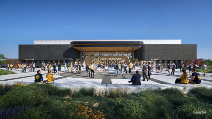 A virtual image of the front of the Event Center with a plaza in the front. Students lounge and walk around on the plaza.