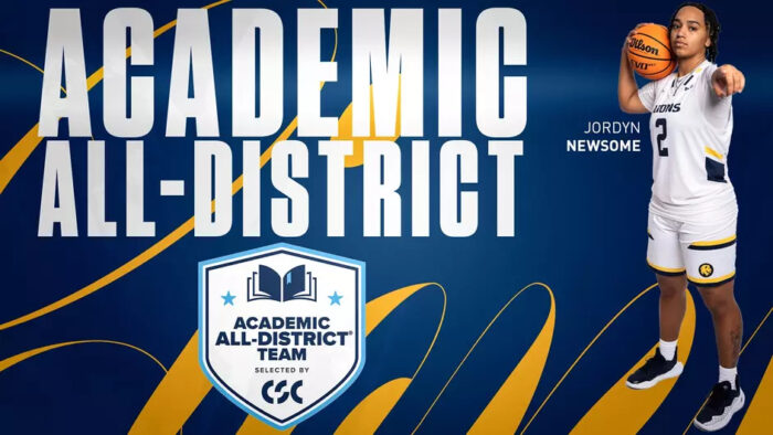 A graphic of a basketball player that reads "Academic All-District"