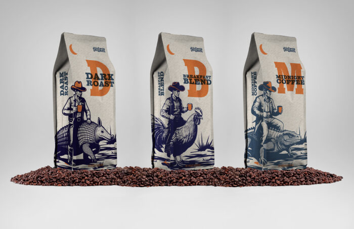 An advertisement for twilight coffee, featuring three different coffee bags atop a pile of coffee beans. From the 2025 Dallas ADDY Awards.
