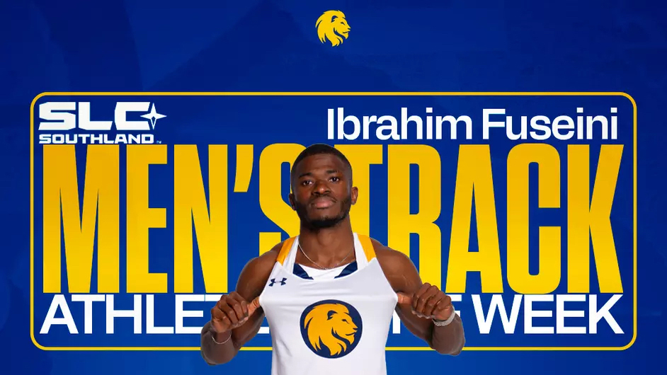 A track and field athlete with the text "Men's Track Athlete of the Week."