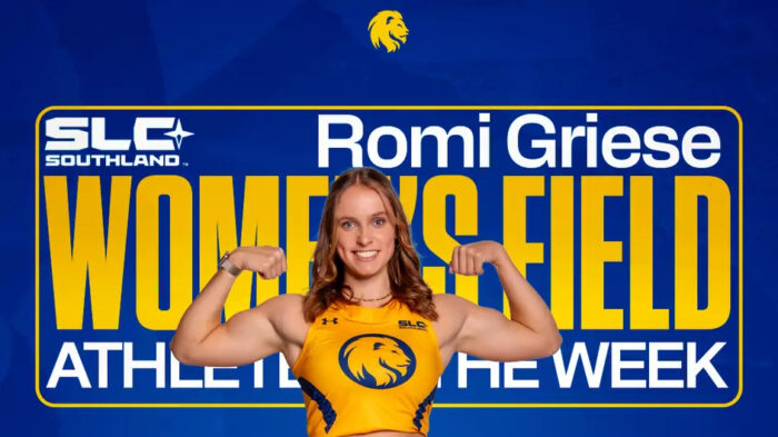 A graphic of a track and field athlete that reads "Women's Field Athlete of the Week."