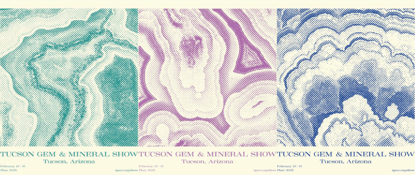 A group of three posters for the Tuscon Mineral Show in 2025.