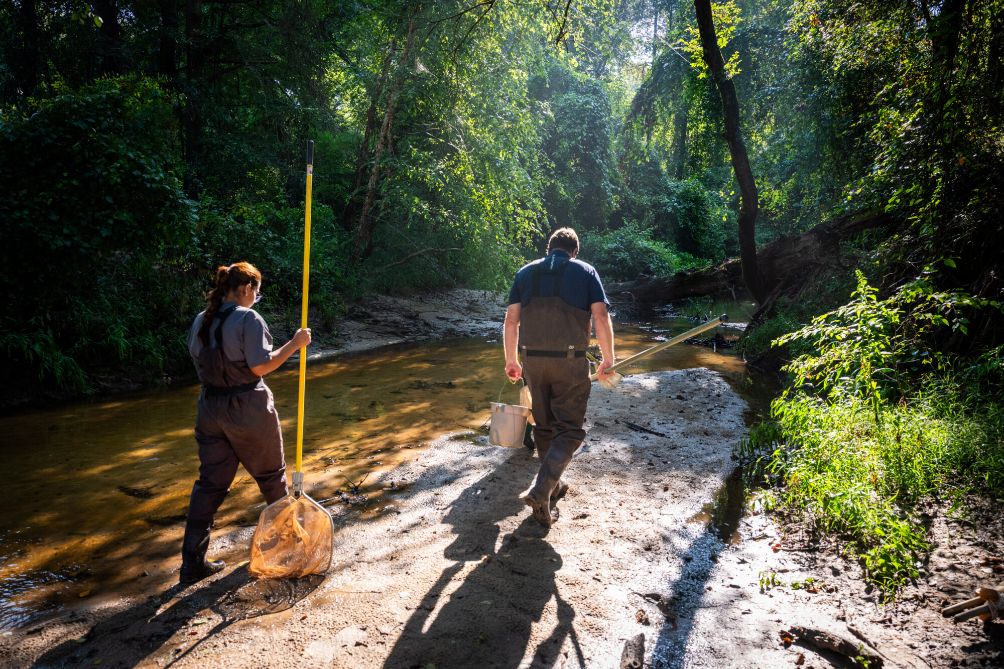 Two people walking beside a creek.