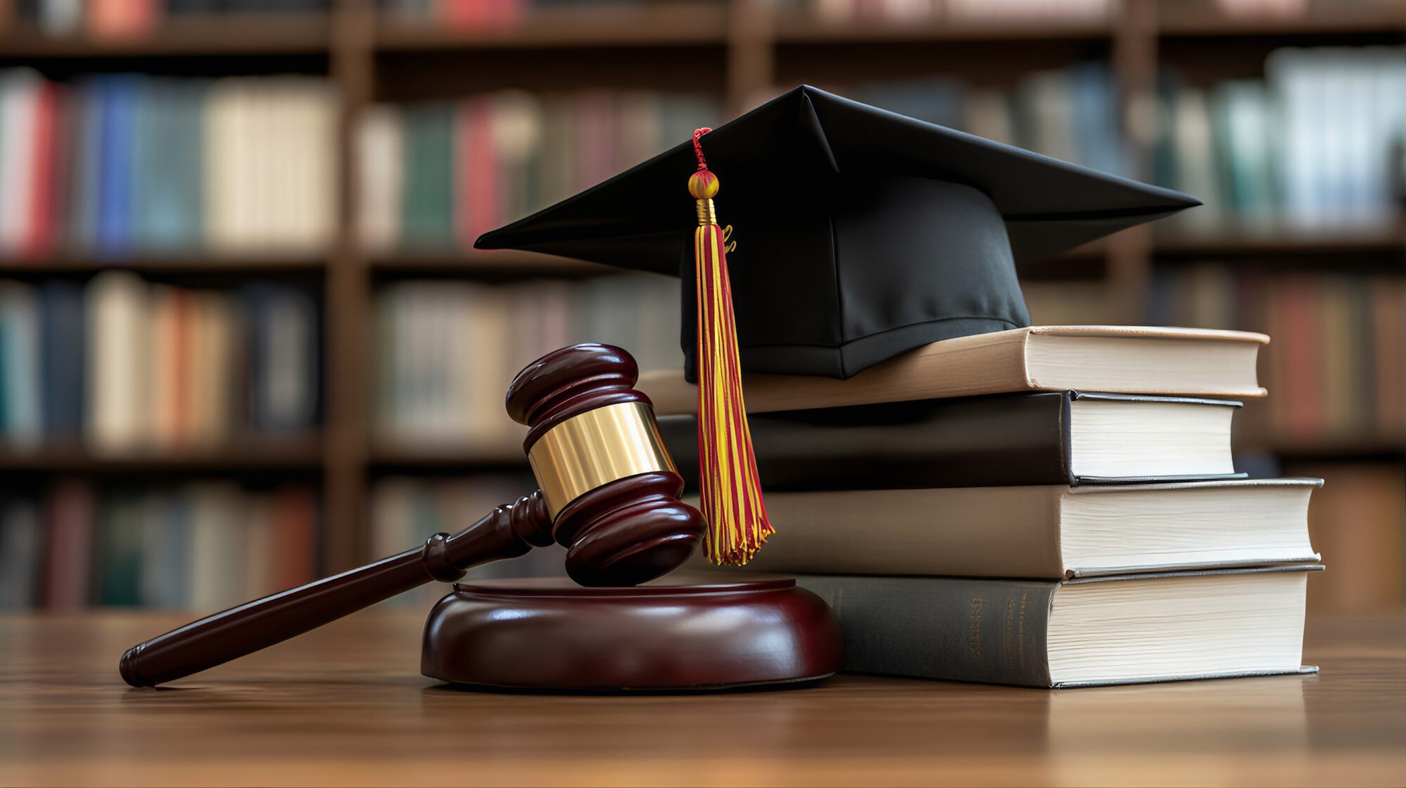 Law items displayed on a wooden table, including a stack of books, a gavel, and a black graduation cap.