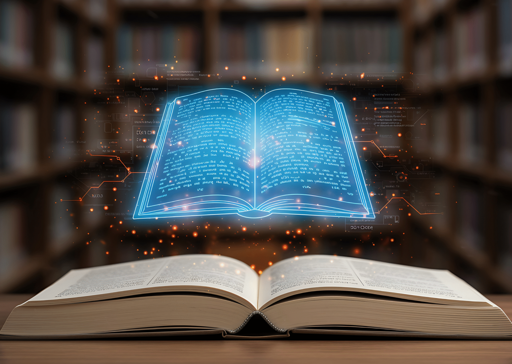 A blue hologram of a book floating over a paper book on a table.