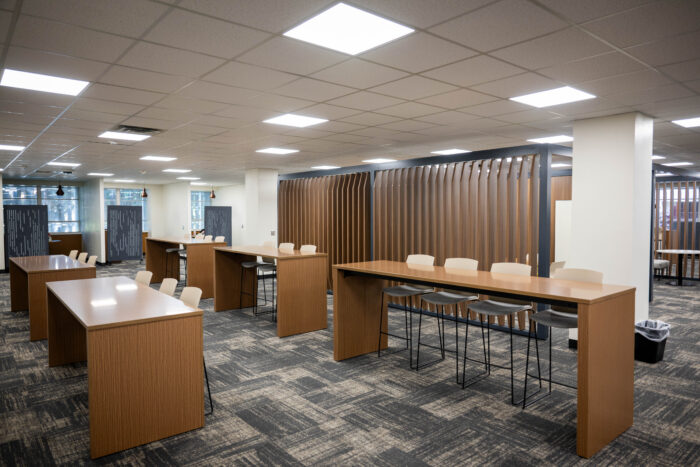 Library desks and chairs.