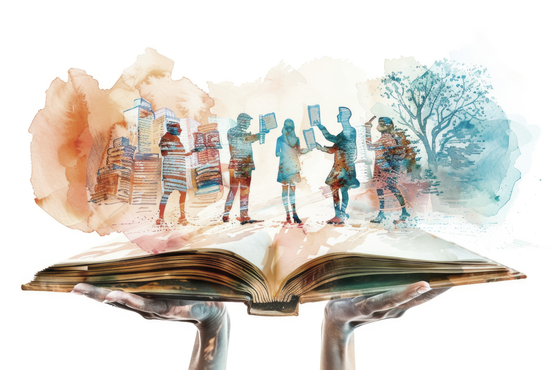 Artistic silhouettes of people standing above an open book