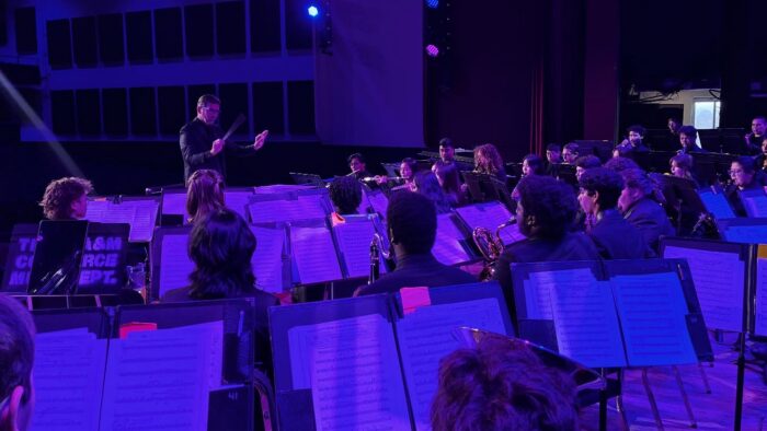 A conductor leading an ensemble during a concert.