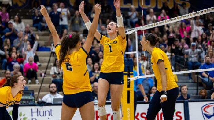 Volleyball players celebrate after scoring a point.