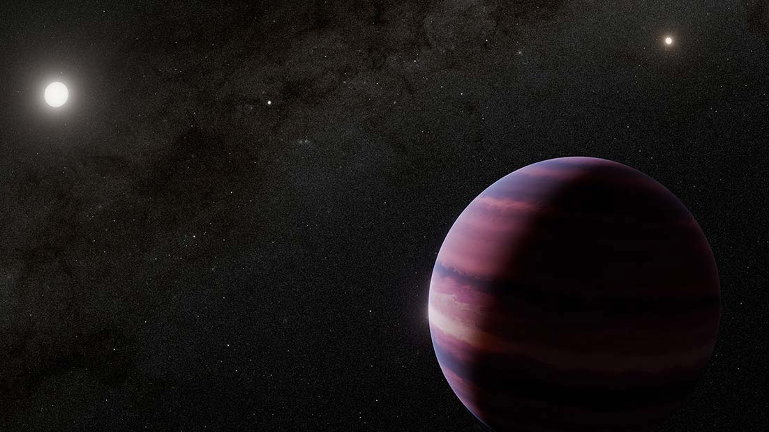 A purple-hued planet is shown in the foreground against the black background of outer space.