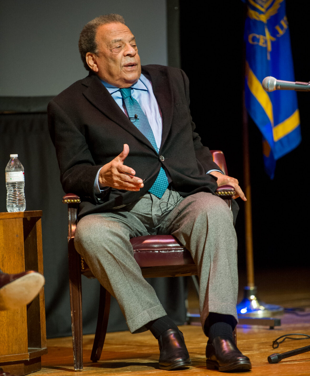 A photo of a person in professional attire sitting and speaking during a public event.