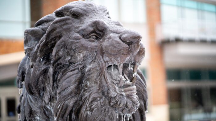 A lion statue covered in a thin layer of ice.