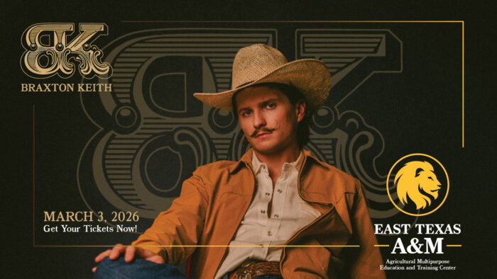 Man wearing a cowboy hat sitting down, with East Texas A&M graphics around.