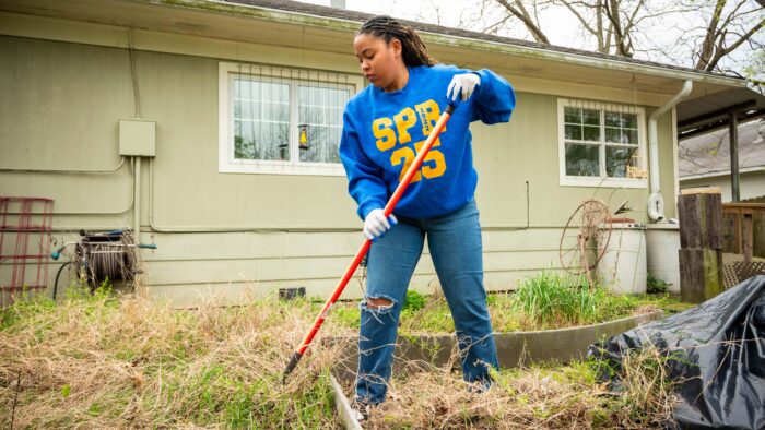 A woman raking grass in a yard.
