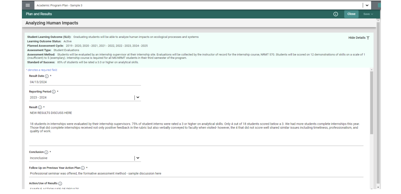 Dashboard of assessment data