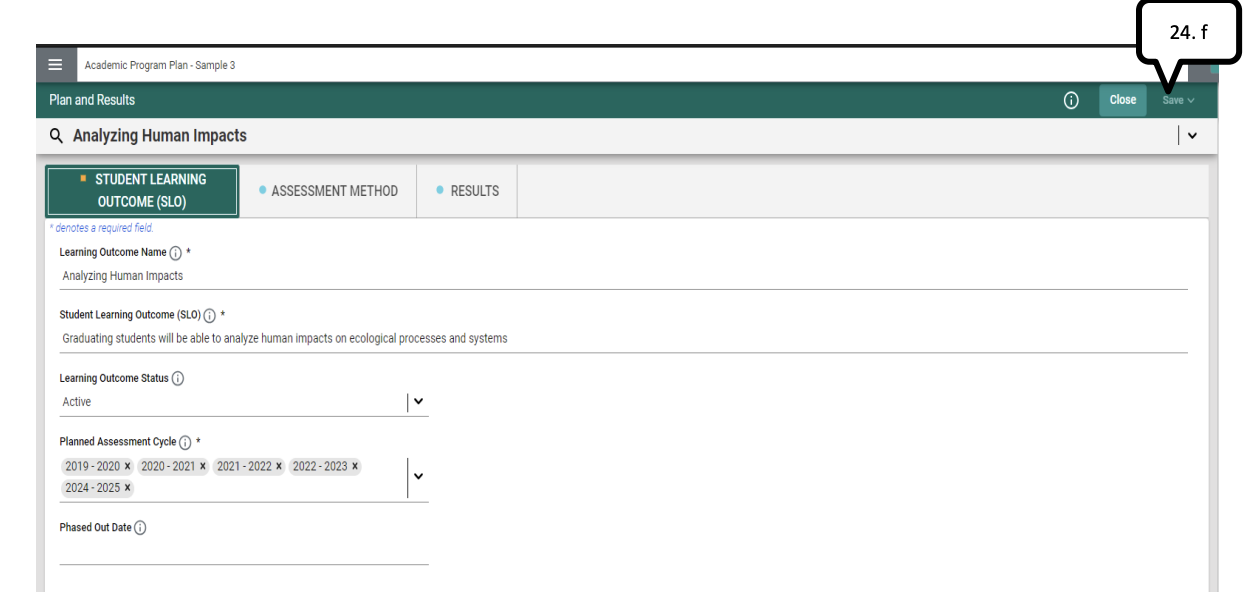 Image of step 24.f of Adding or Updating SLO Goal and Assessment Method