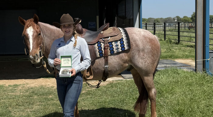 A person in western attire posing with a trophy in front of a horse.