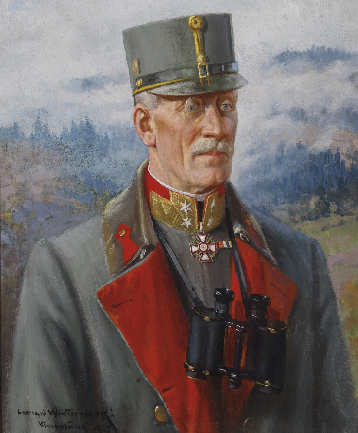 A painting of a man in a World War one era Austrian military officer's uniform.