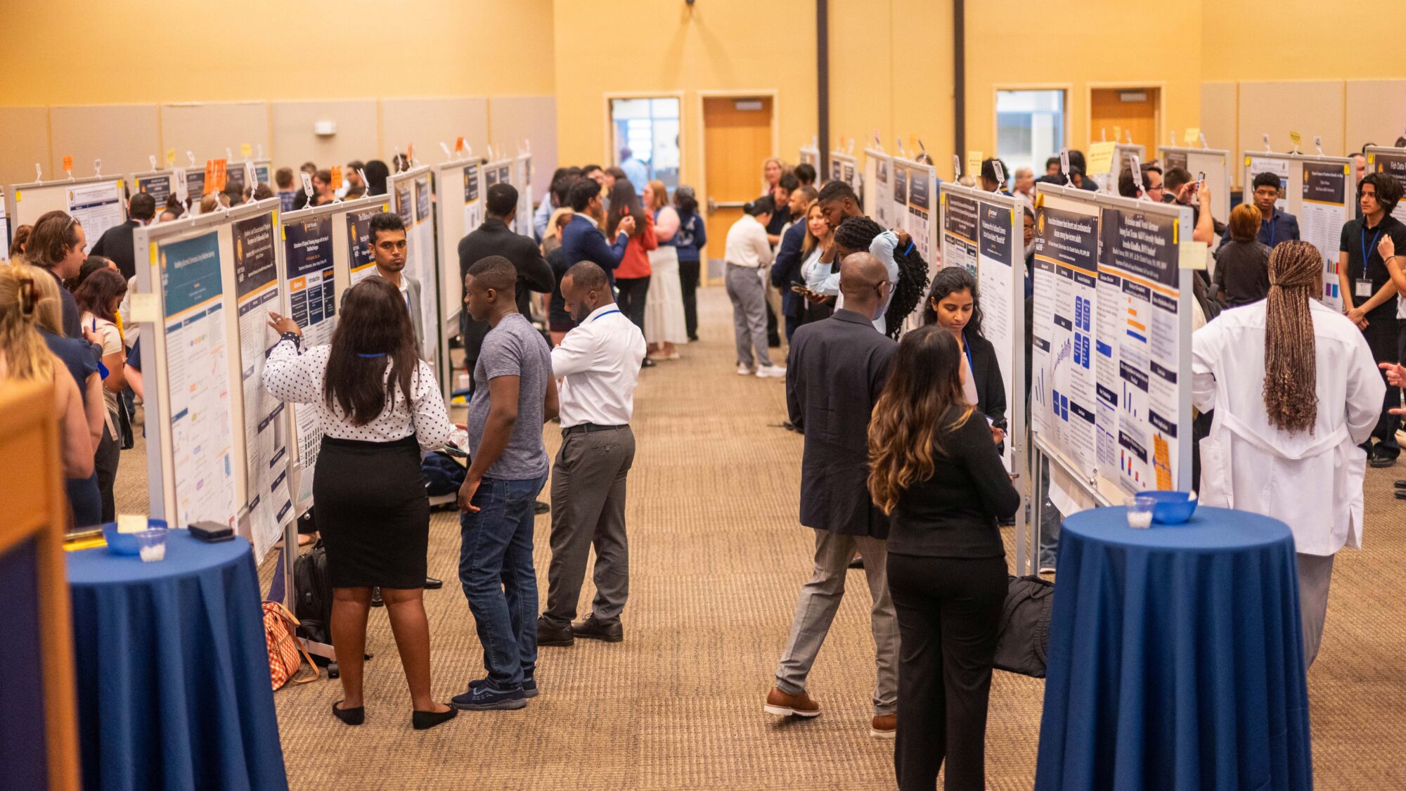 Display boards are lined up in rows and a large group of people are walking and standing in the rows. Many are looking at the display boards.
