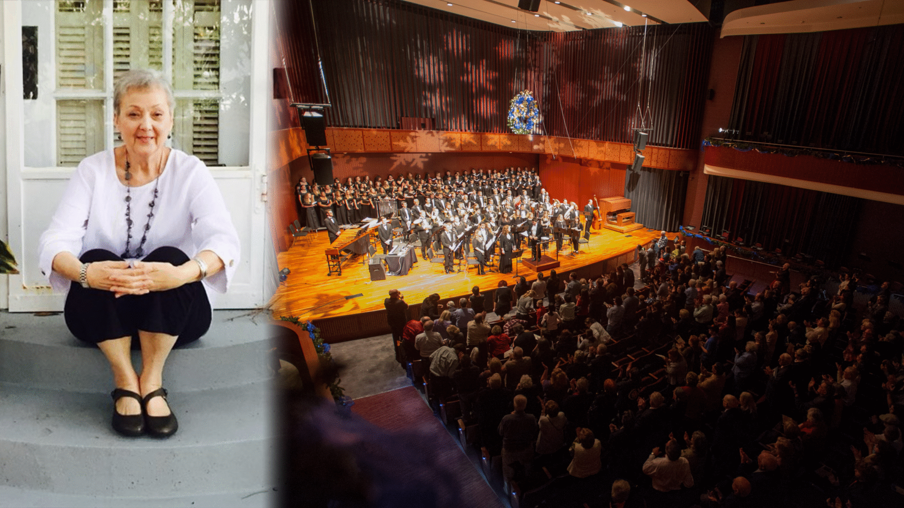 A photo collage of a person sitting on the front steps of a house, with a photo of a college concert hall to the side.