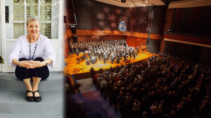 A photo collage of a person sitting on the front steps of a house, with a photo of a college concert hall to the side.