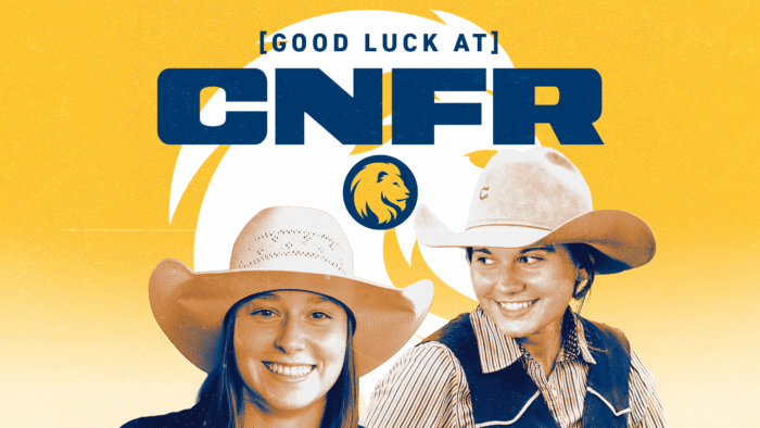 A predominantly yellow graphic featuring two people in western attire that reads "Good Luck at CNFR"