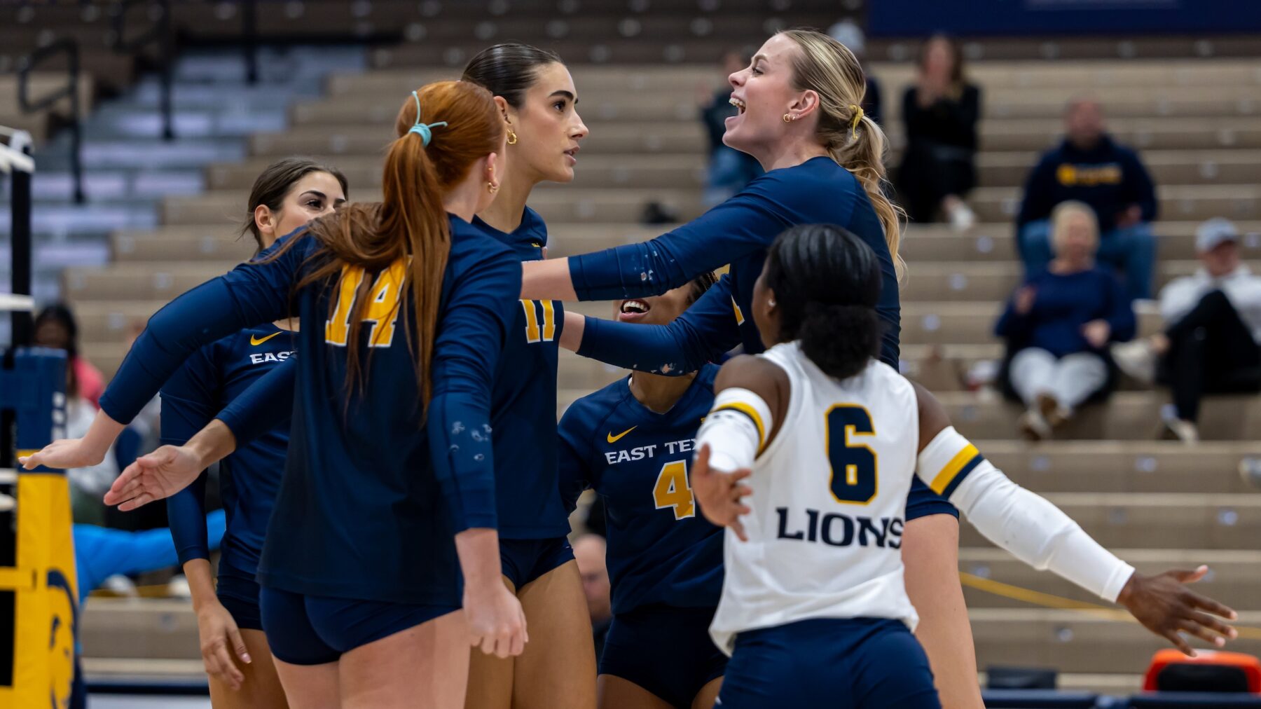 Volleyball players celebrate after scoring a point in a match.