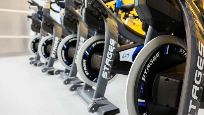 A row of exercise bikes.