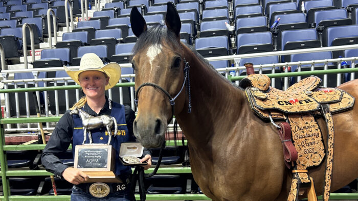 A person in western attire posing with a trophy next to a horse.