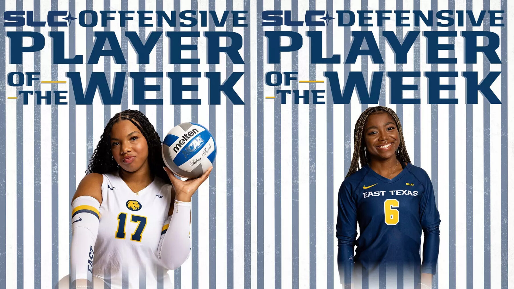 Two volleyball players in front of a blue and white striped background.
